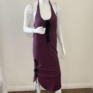 Vintage Plum Purple Cotton Midi Dress Black Leather Lace-up Details Ruched Sides